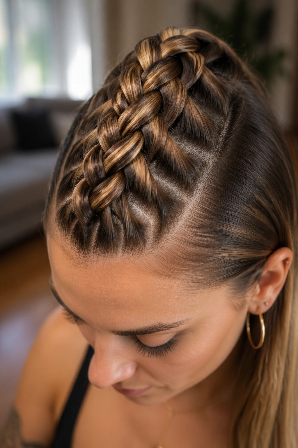 Close-up of a real woman showing a four-strand dragon braid rope-like shape