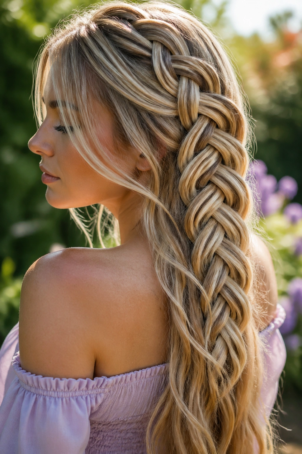 Close-up of a real woman's four-strand mermaid braid with an intricate weave along the back of the head.