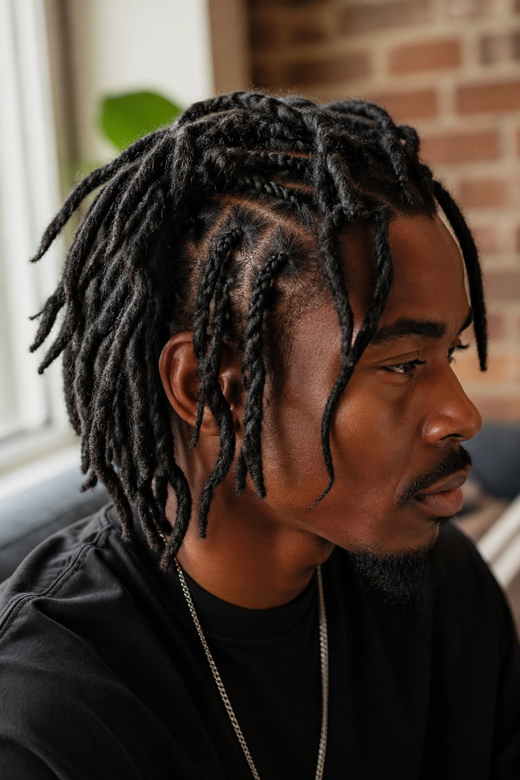 Close-up portrait of a person with freeform locs showing natural texture