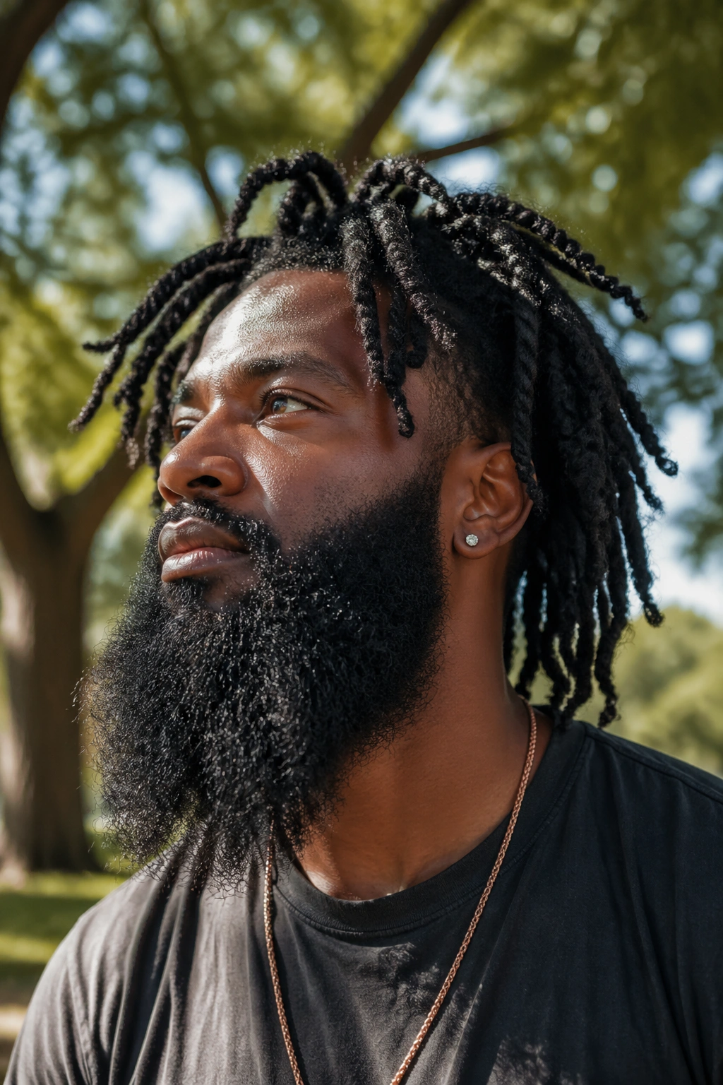 Close-up of a man with freeform twists and a wild beard in a sunlit park