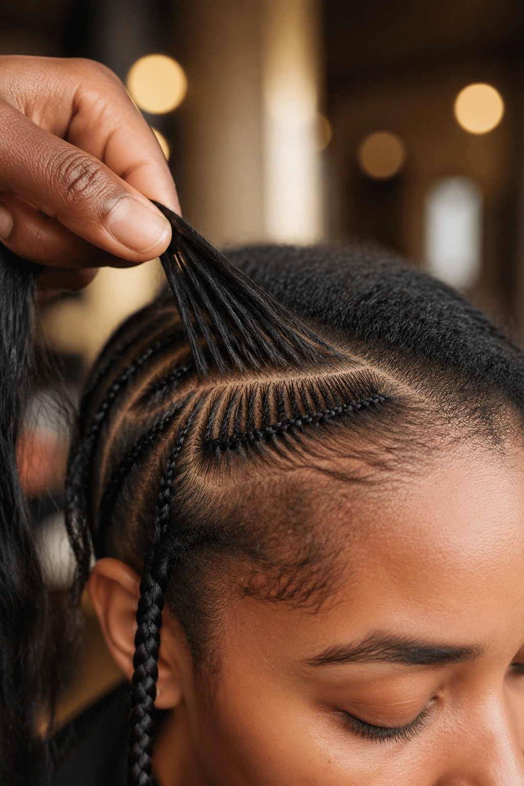 Close-up of real person's scalp with micro-sections for knotless braids in a salon setting