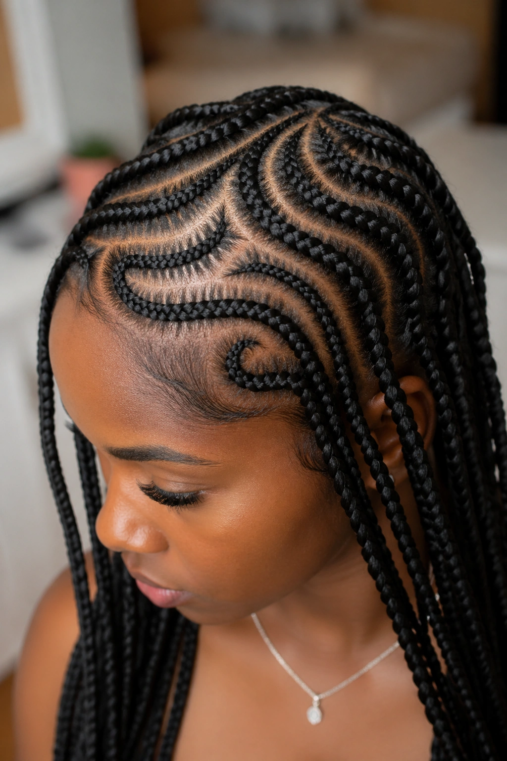 Close-up of a Black woman with irregular, curved freestyle braids.