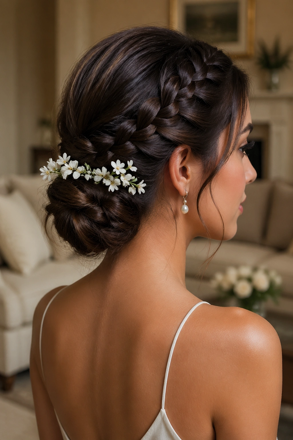 Real woman with French braid flowing into a low chignon and jasmine sprigs.