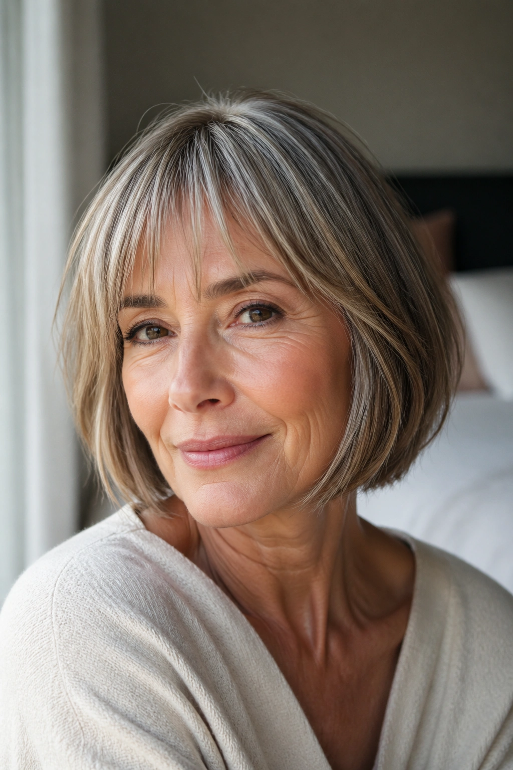 Close-up portrait of a real woman with a French Bob with Airy Fringe.