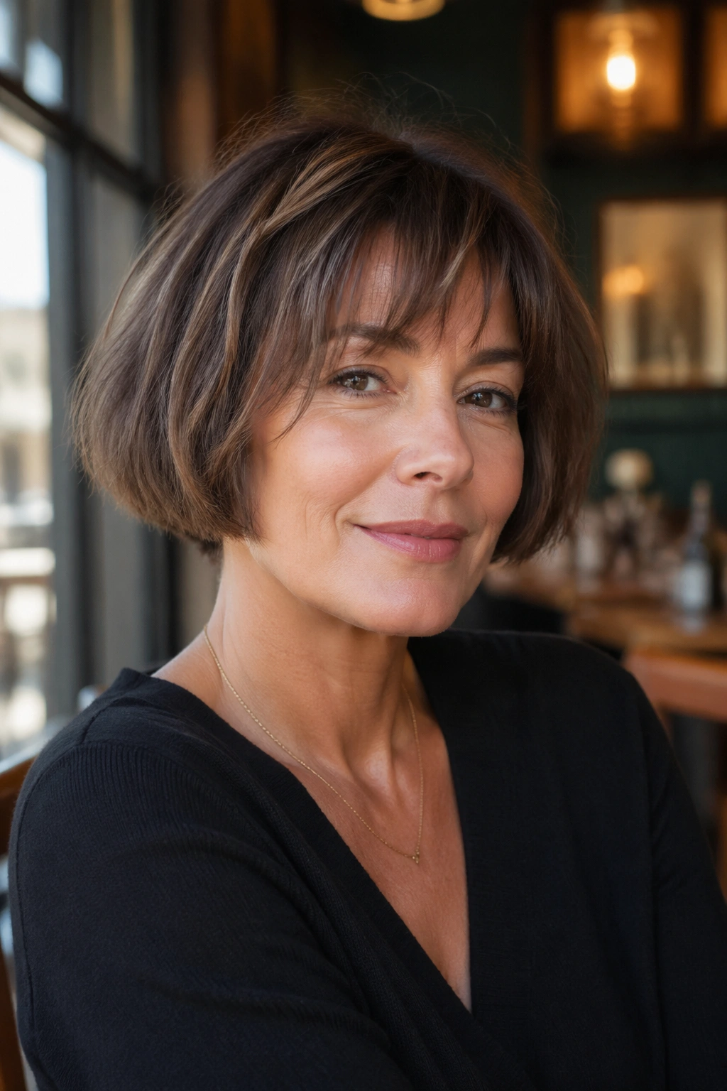 Close-up portrait of a woman with a French bob and airy fringe in natural light.