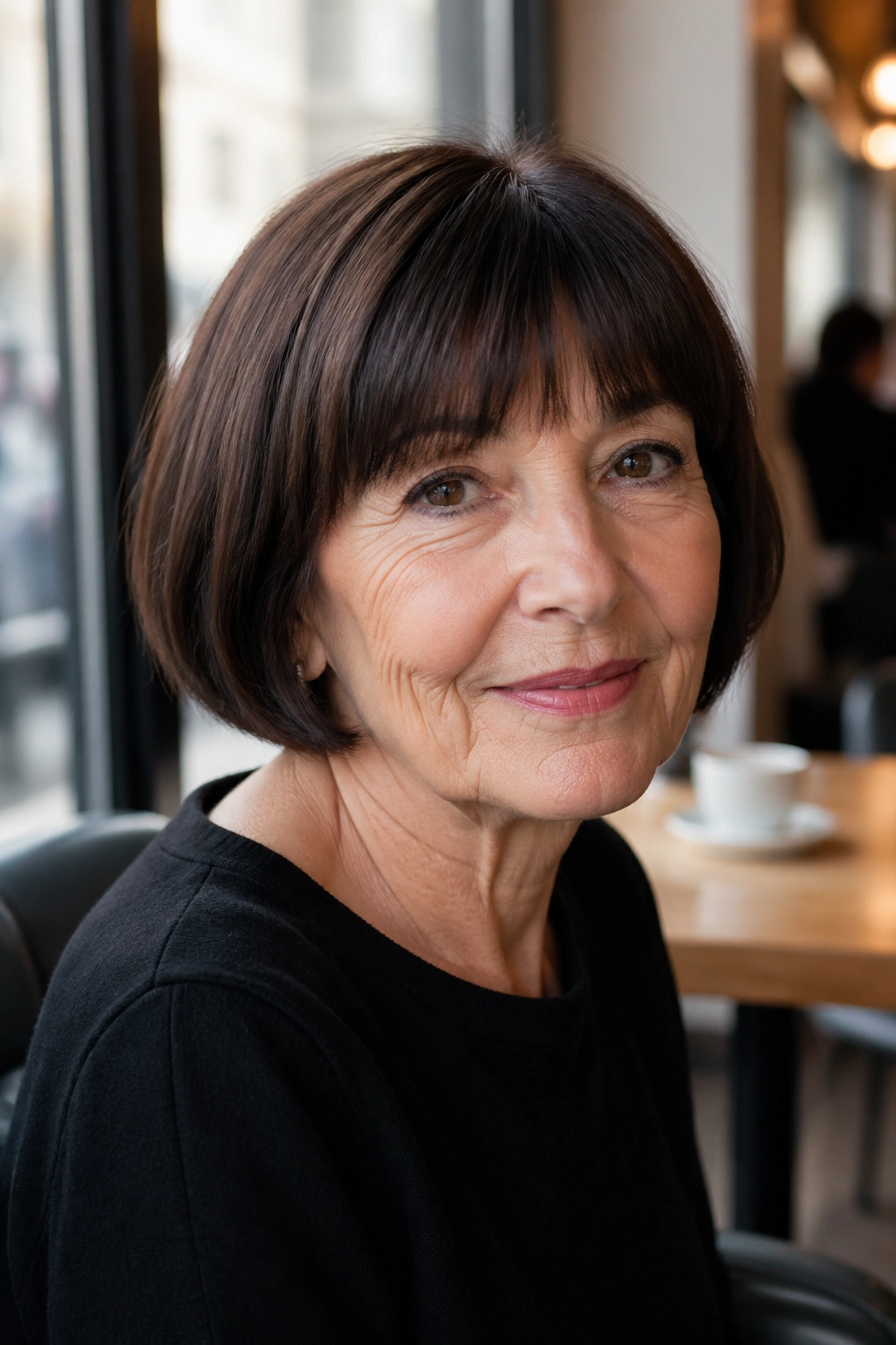 Close-up of an older woman with a French bob and eyebrow-grazing bangs in cafe light
