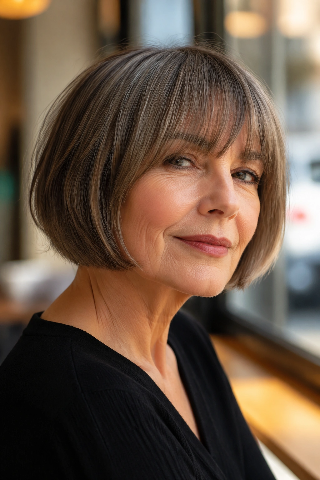 Close-up of a real woman with eyebrow-grazing bangs in a sunlit cafe
