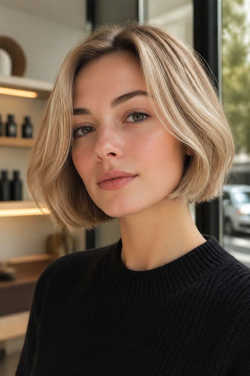 Close-up of a real woman with a French bob and soft bend at the ends in natural light