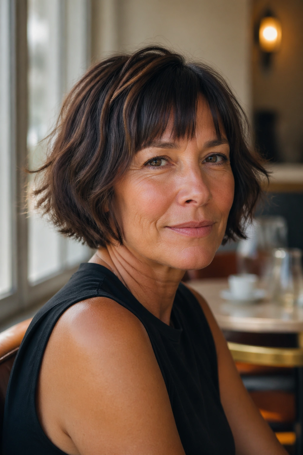 Close-up of a real woman with French bob and broken ends in cafe light