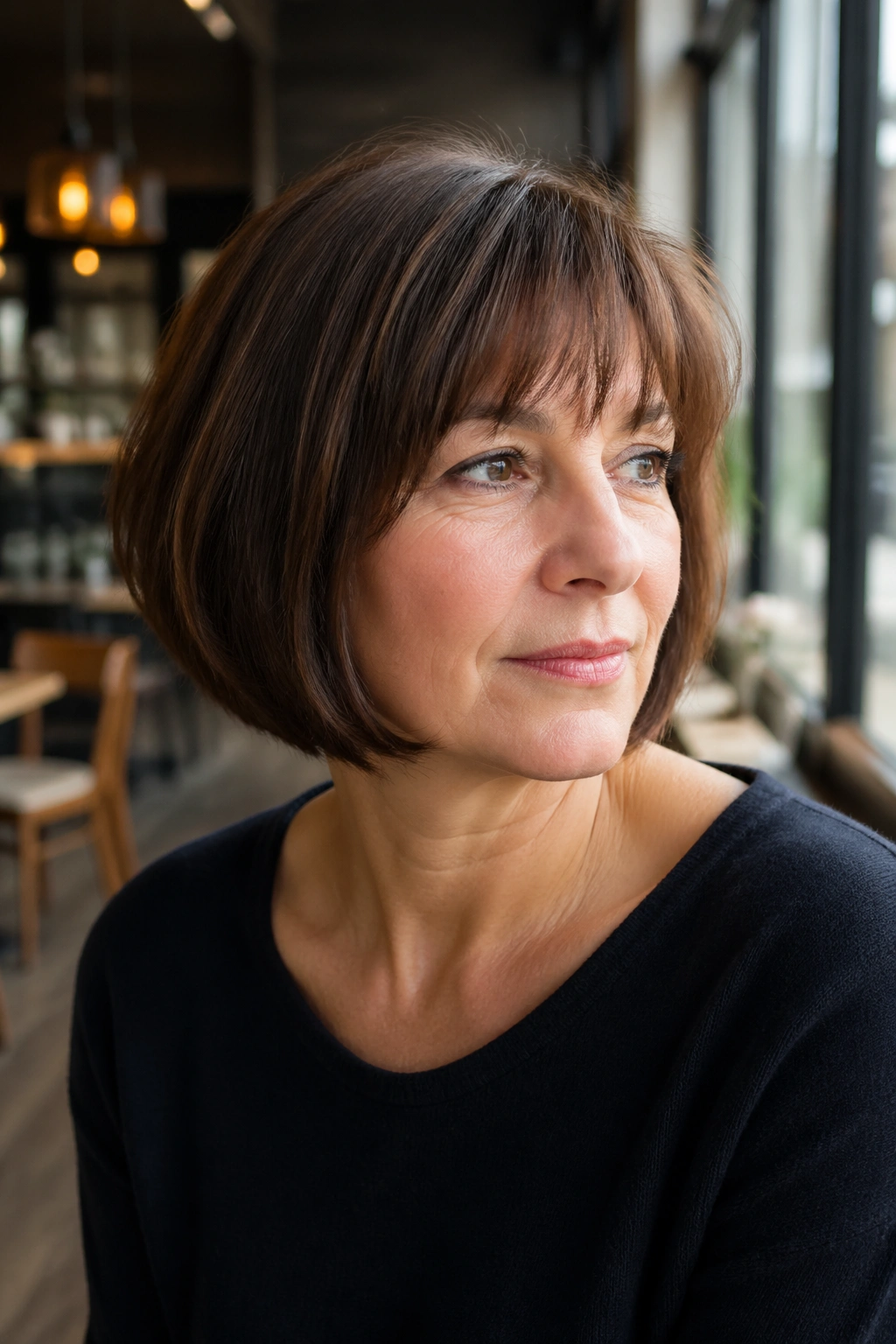 Close-up portrait of a real woman with a French bob and soft chin-length curve in a cozy cafe