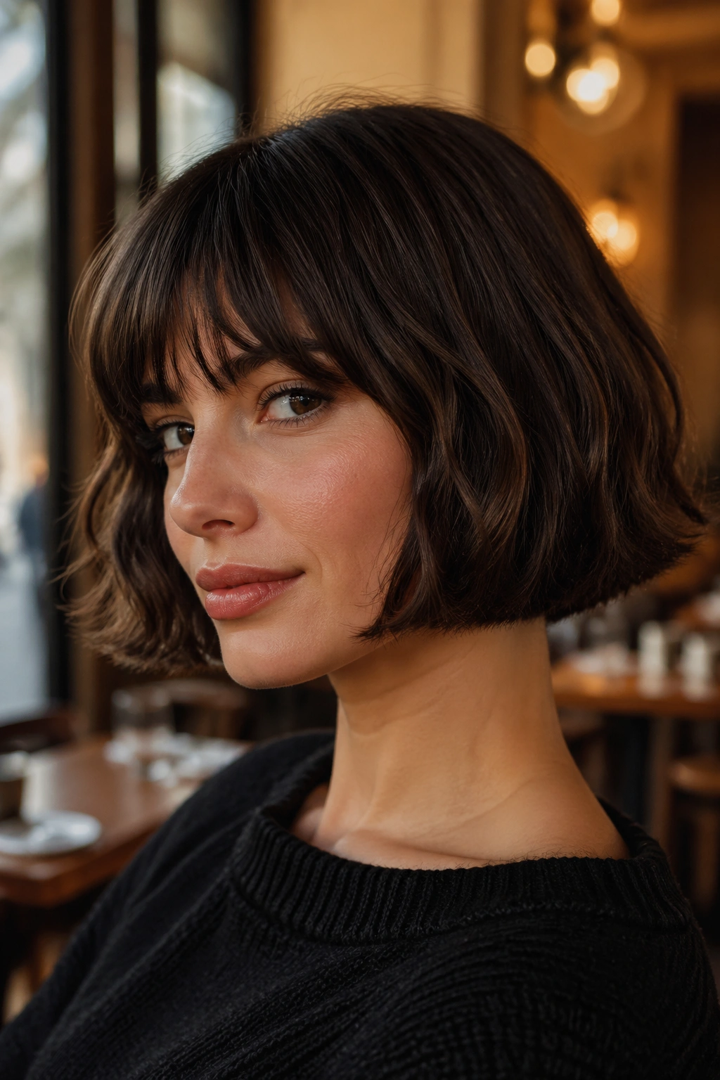 Close-up of real woman with French bob jaw-length