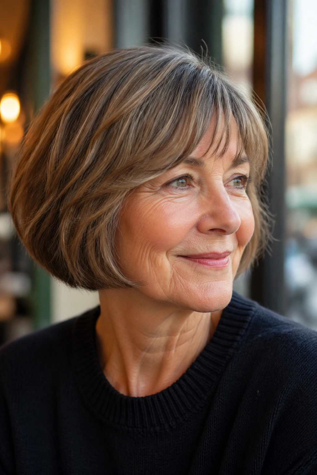 Close-up of a real woman with a French bob and wispy fringe in cafe light.