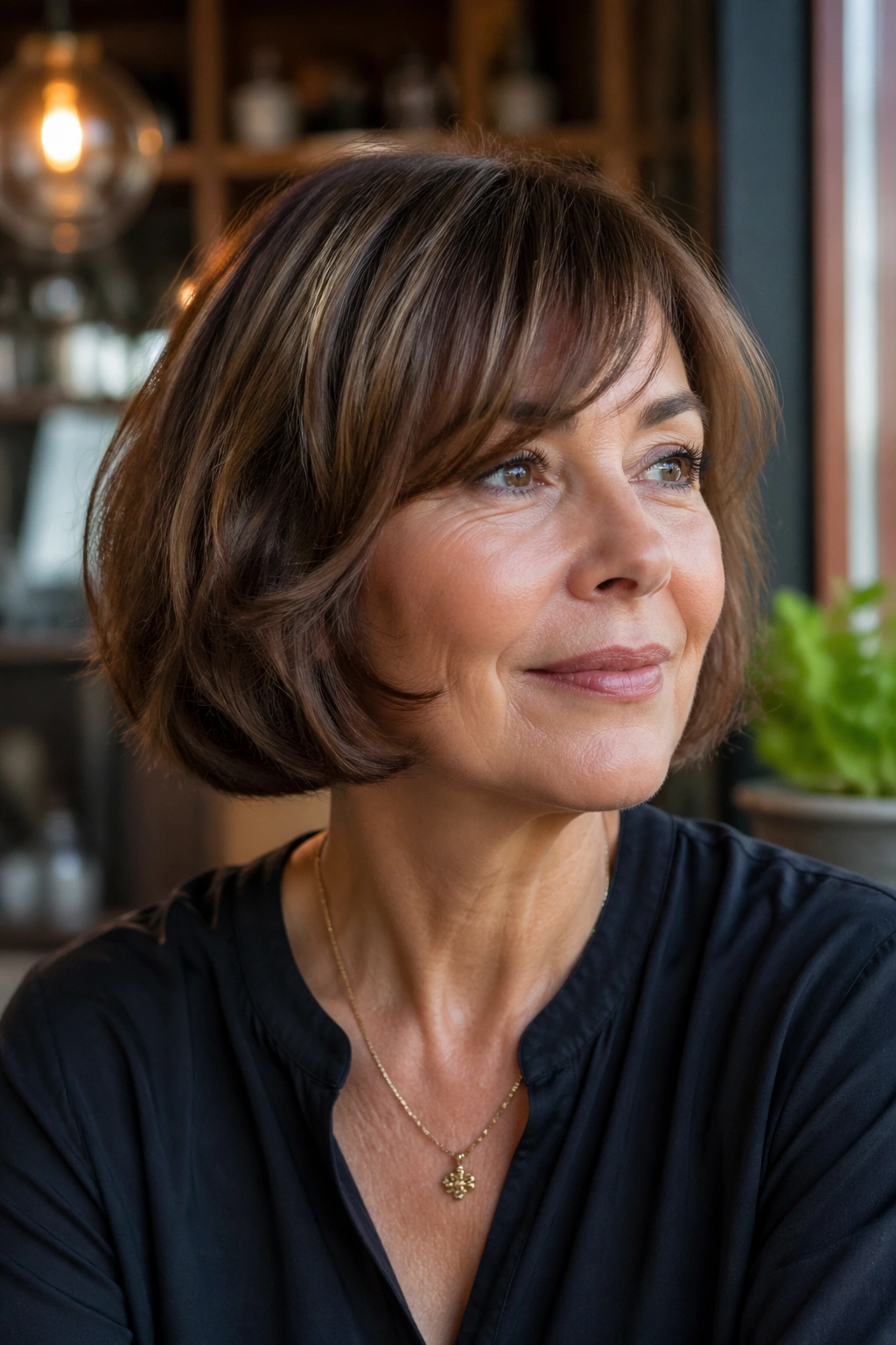 Real woman with classic French bob; clean line and subtle wave.