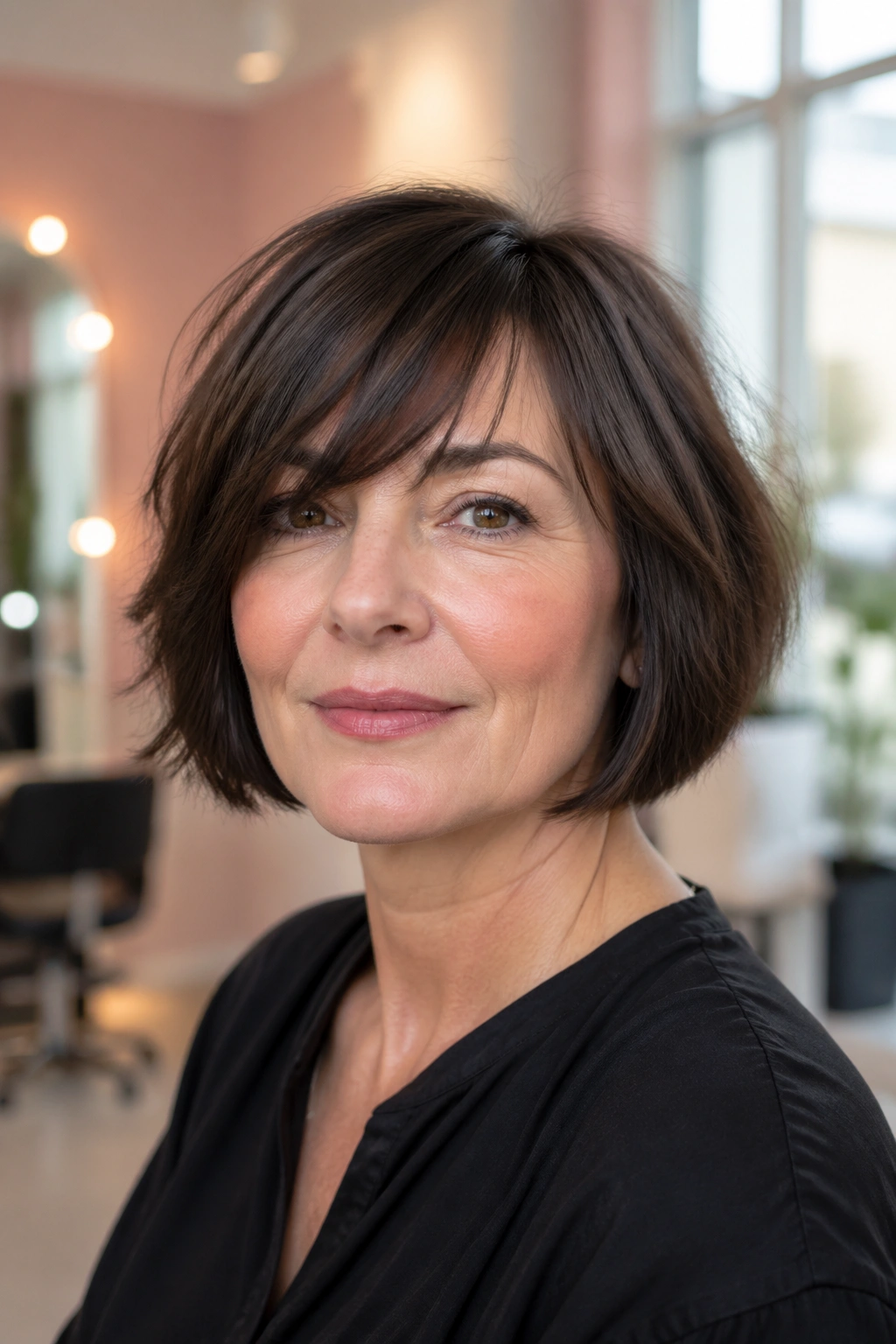 Close-up portrait of a real woman with a French bob and side-swept fringe