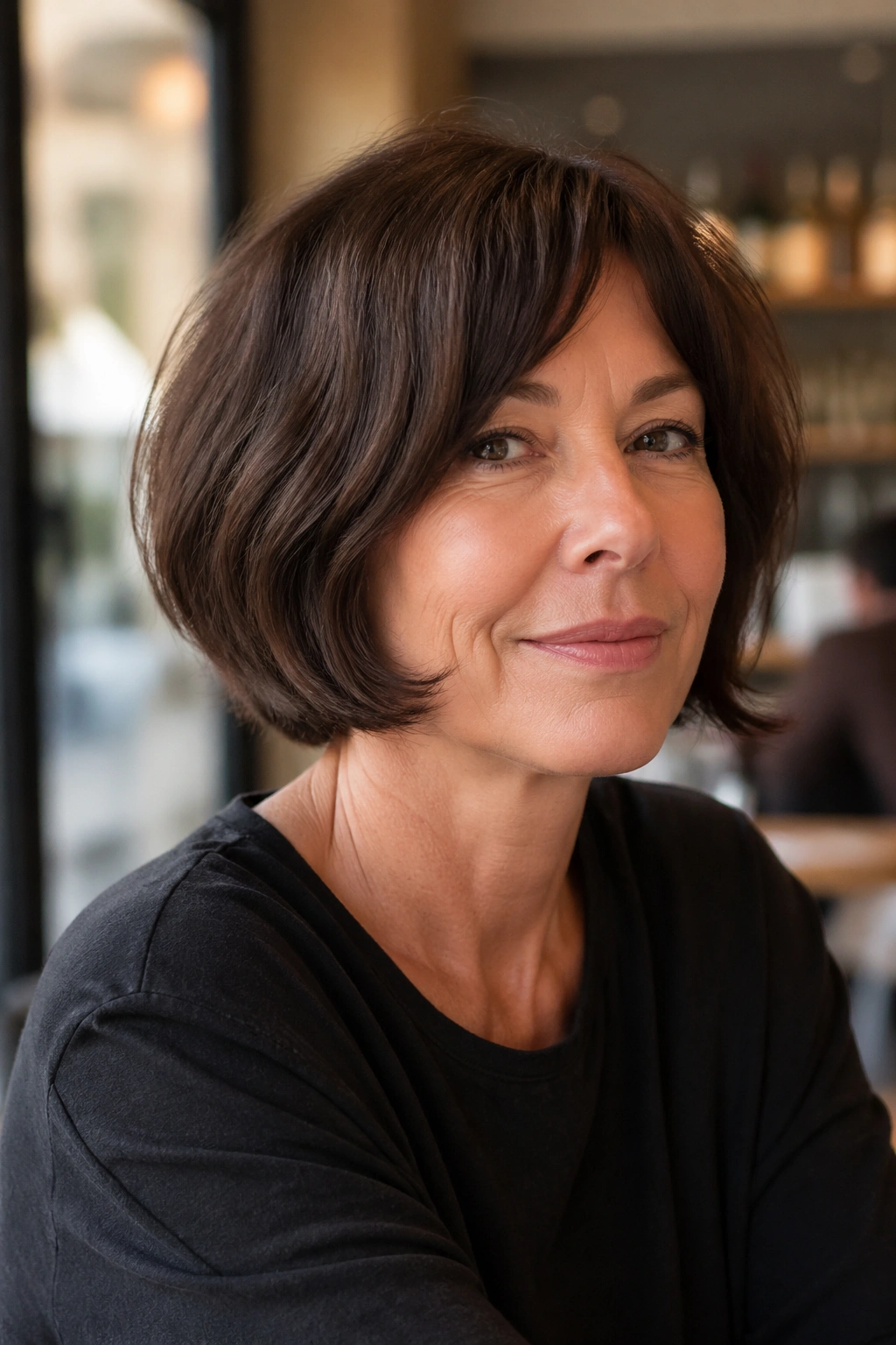 Close-up of a mature woman wearing a French bob with soft bend