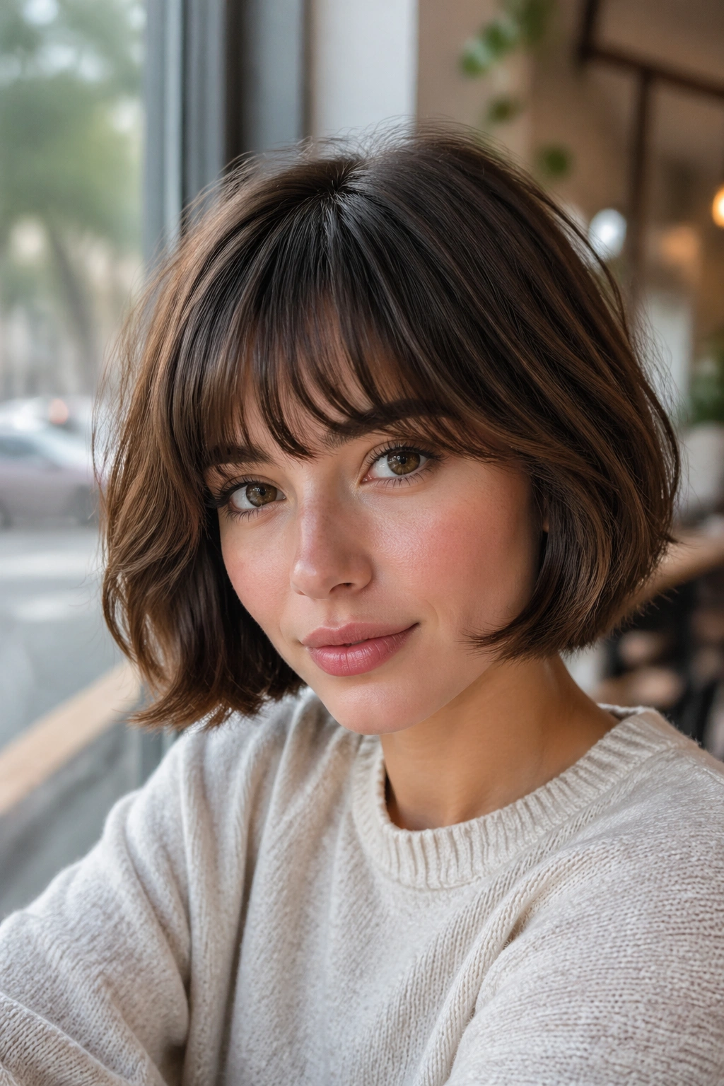 Close-up portrait of a real woman with a French bob and soft fringe grazing the brows
