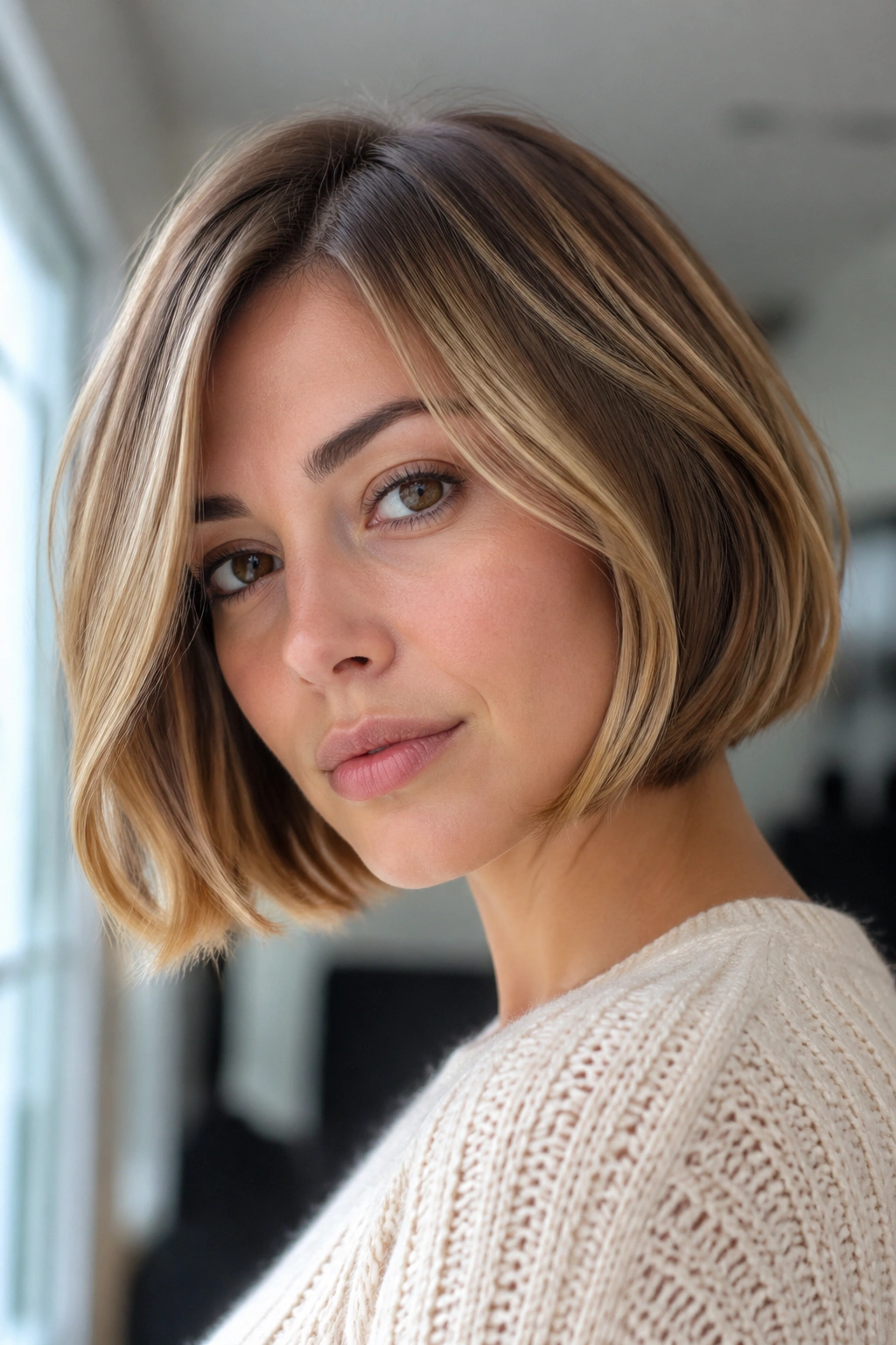 French bob with warm dimension on a real woman