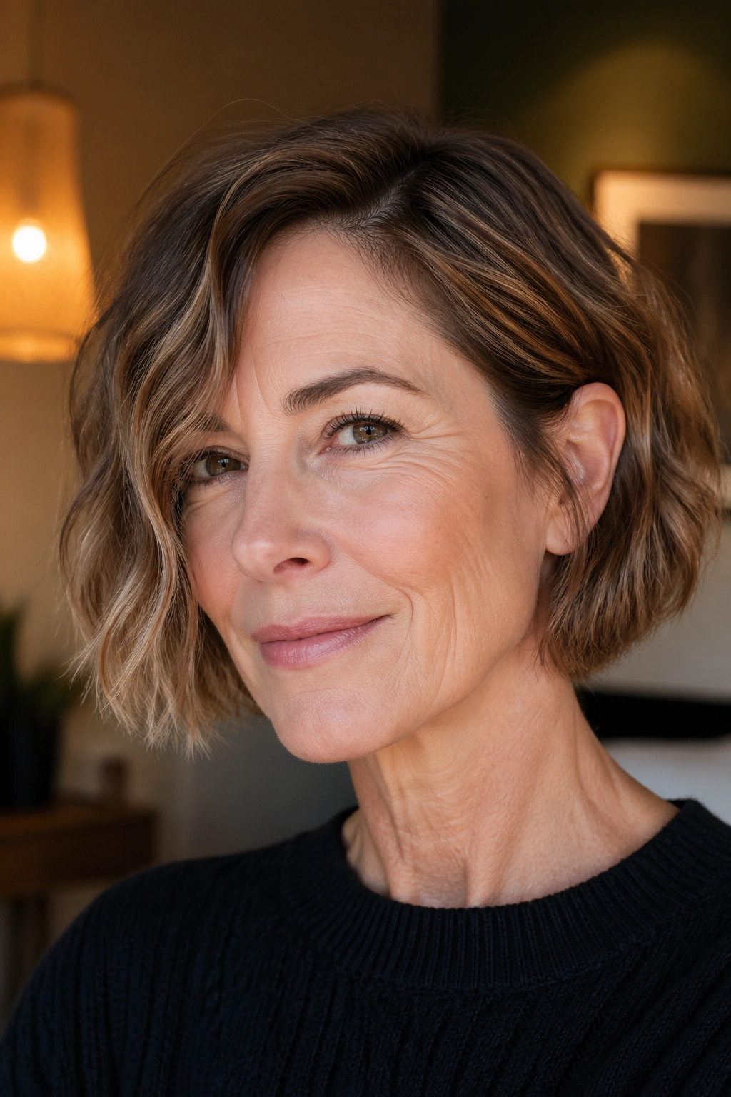 Real woman with chin-length French bob and waves, off-center part, ear tucked.