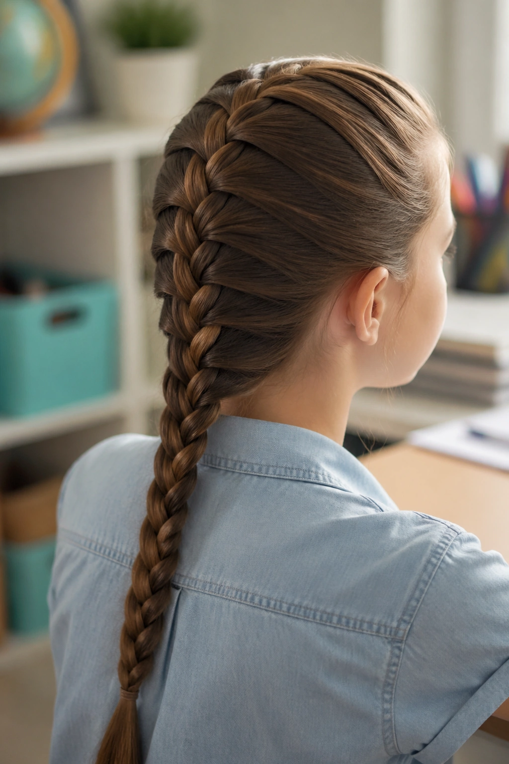 Real girl with a French braid down the back in a classroom setting.