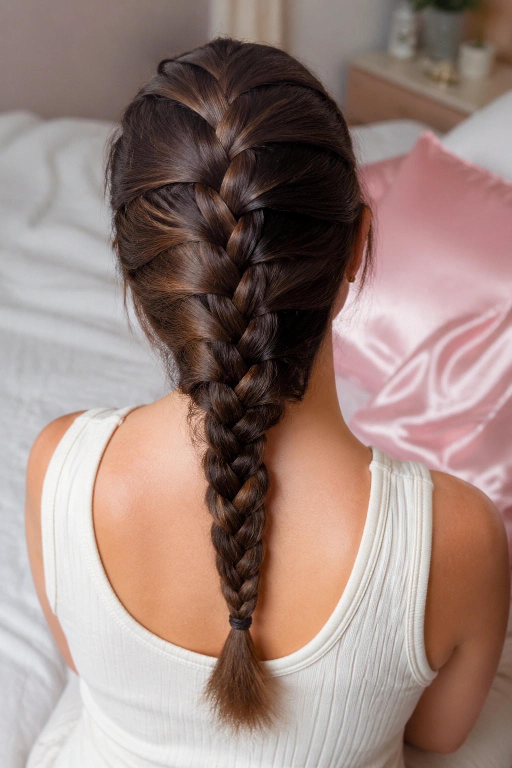 Back view of real woman with a French braid down the back