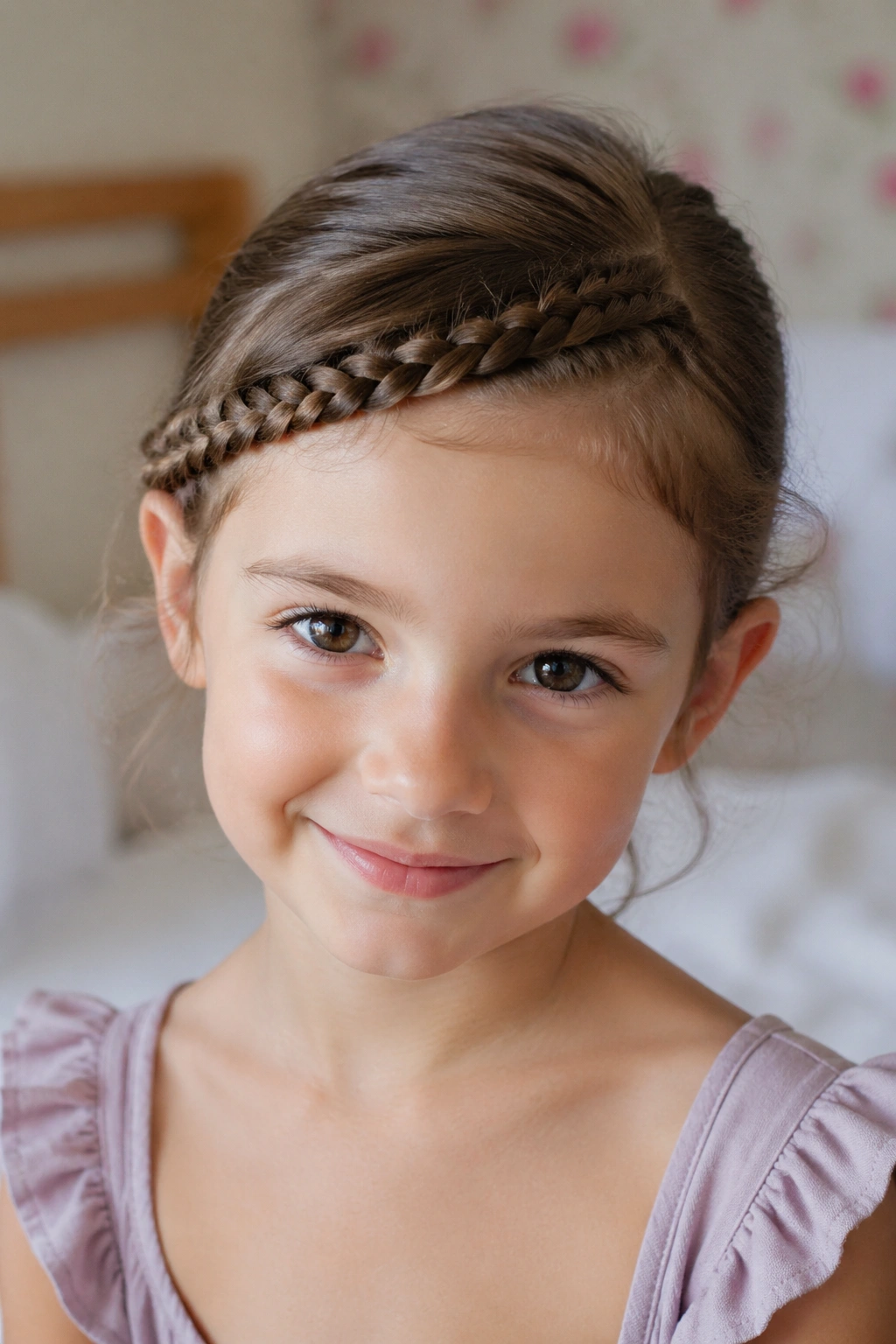 Close-up of a real person wearing a French-braided bang sweep