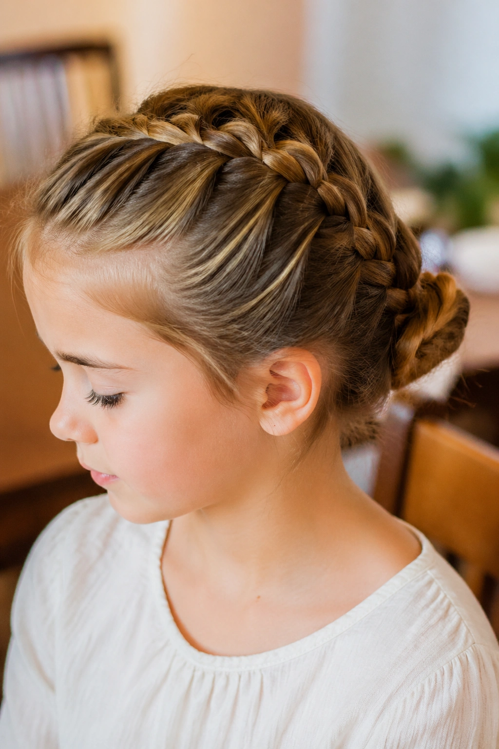 Close-up of a real child with a crown French braid turning into a bun, tidy school-ready updo