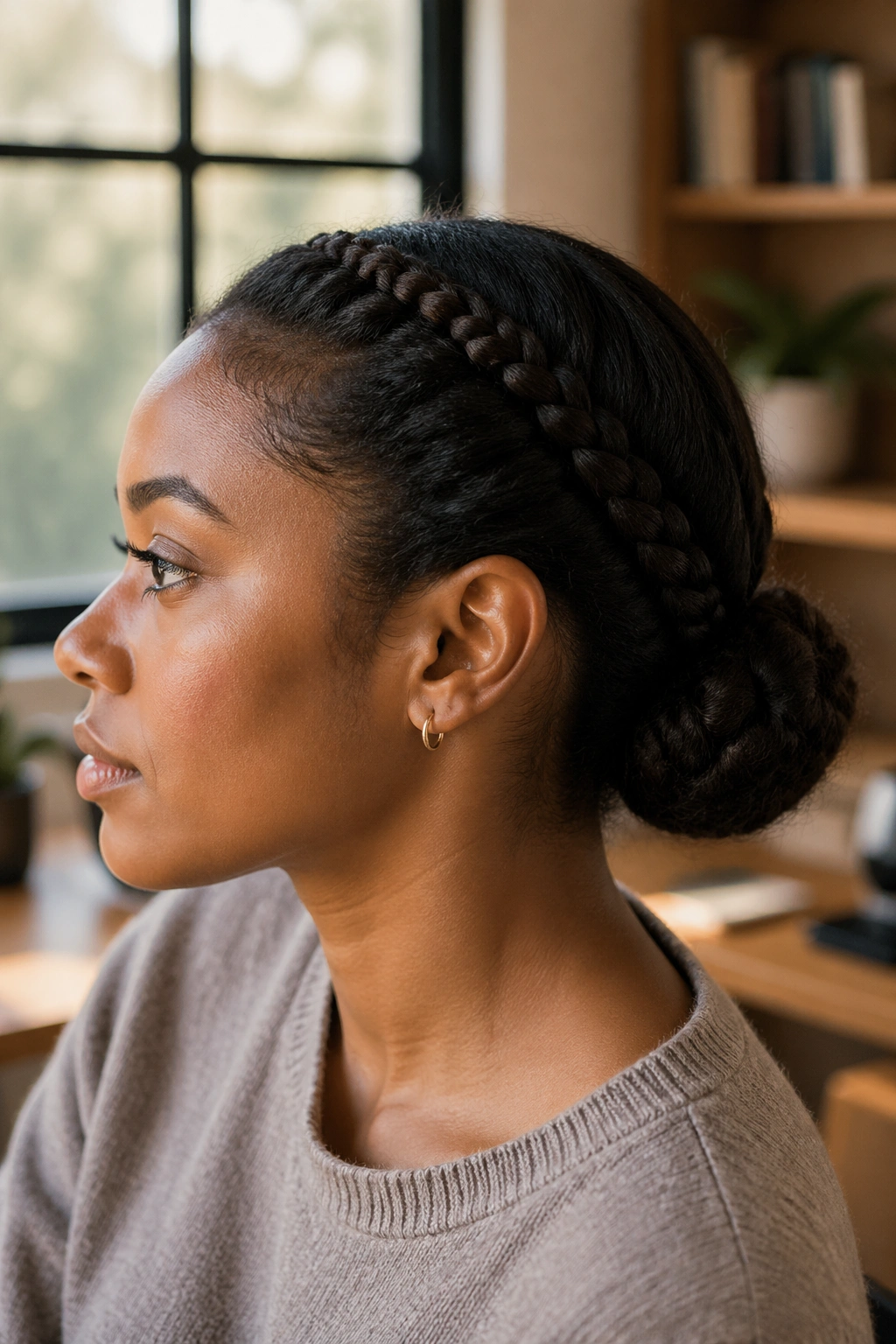 Close-up of a woman with a French braid forming a bun at the nape