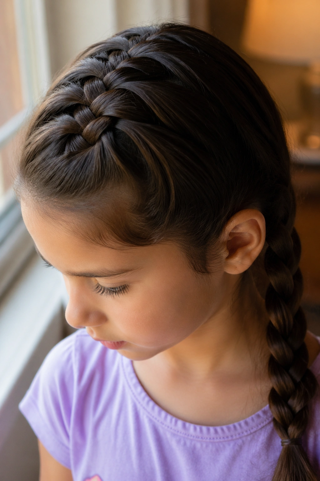 Portrait of a real child with a French braid starting at the crown