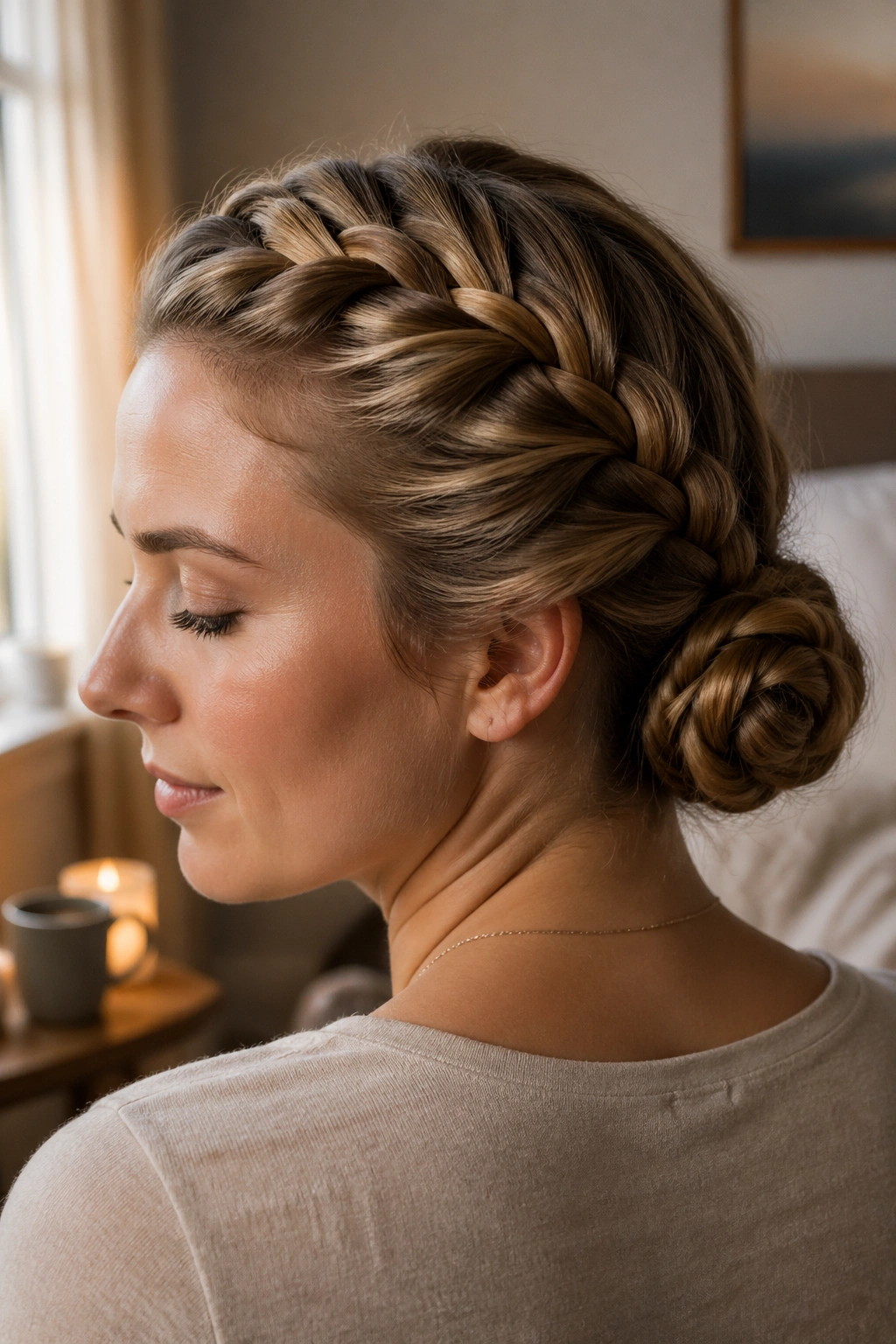 Close-up of a real woman with a French braid cinnamon roll bun