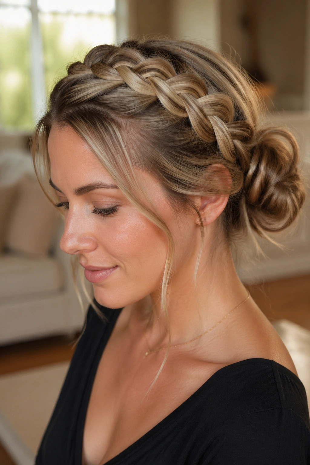 Close-up of real woman with crown braid transforming into a soft low bun in a cozy living room light