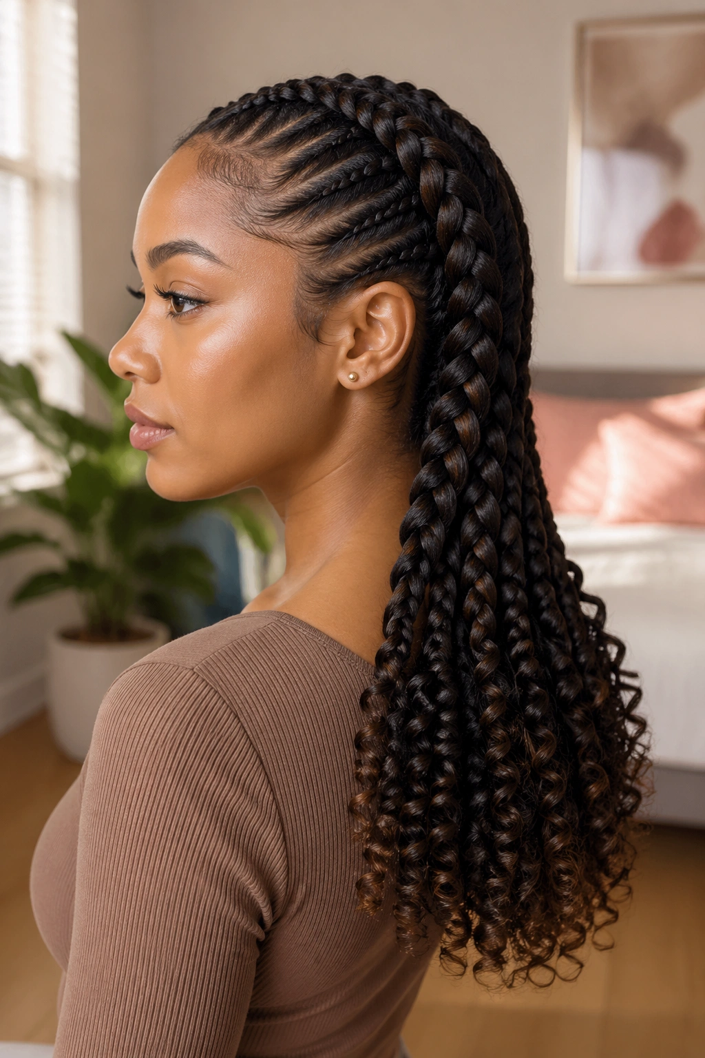 Close-up portrait of a real person with a French braid ending in curls