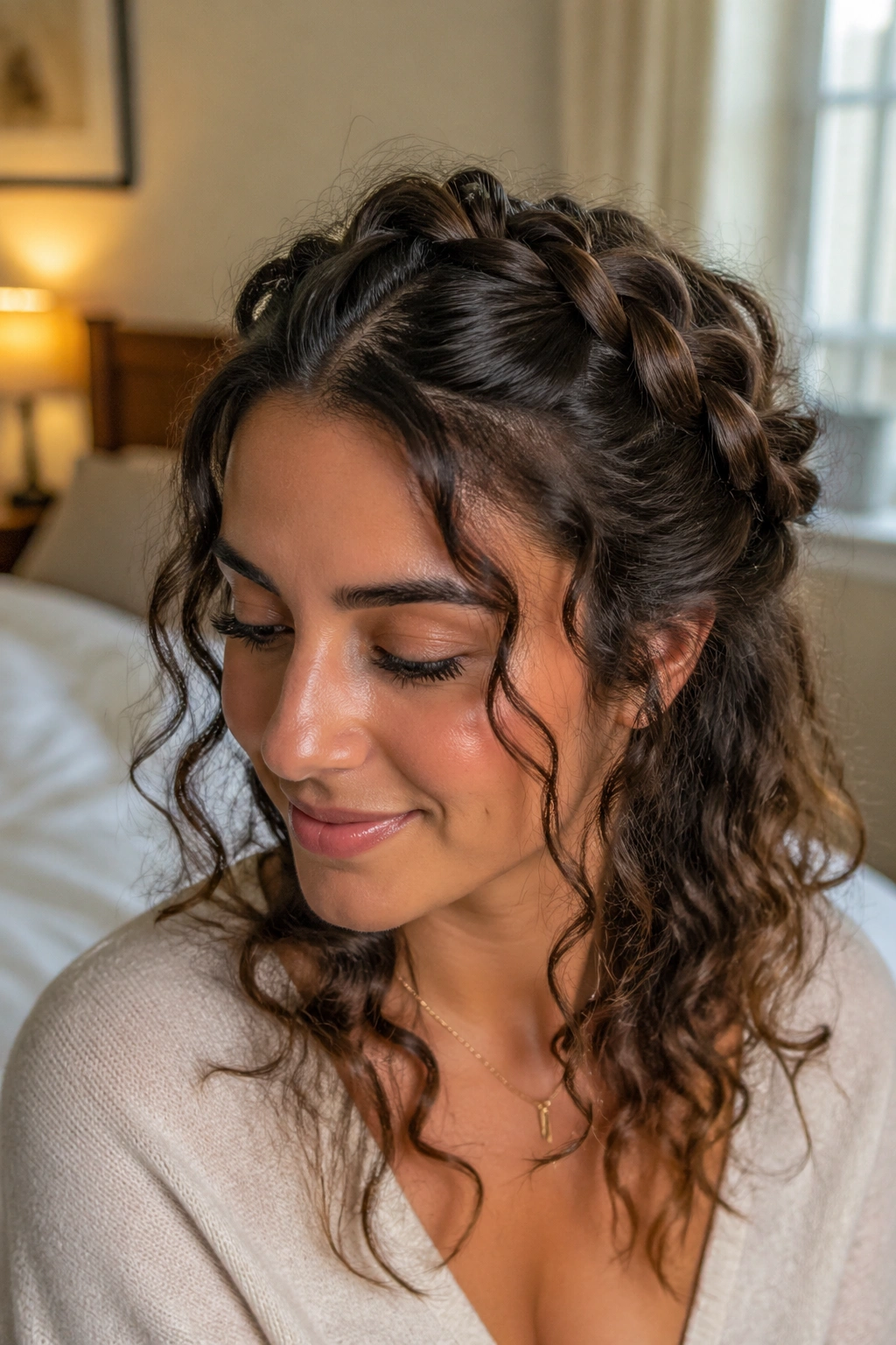 Close-up of a real woman's curly hair styled in a soft-ended French braid with crown volume.