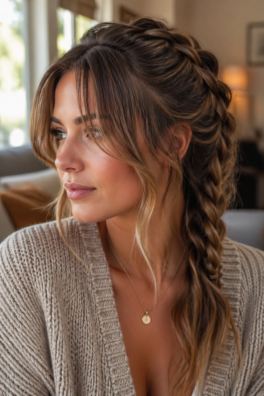 Close-up of a real woman with a French braid behind curtain bangs and loose ends in soft window light