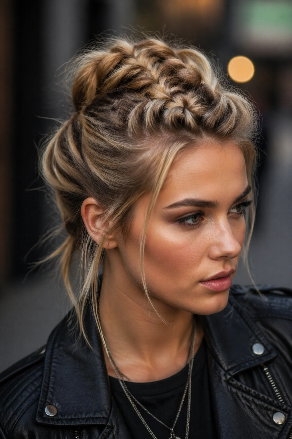 Real woman with center French braid in a faux hawk style with loose volume, dusk light