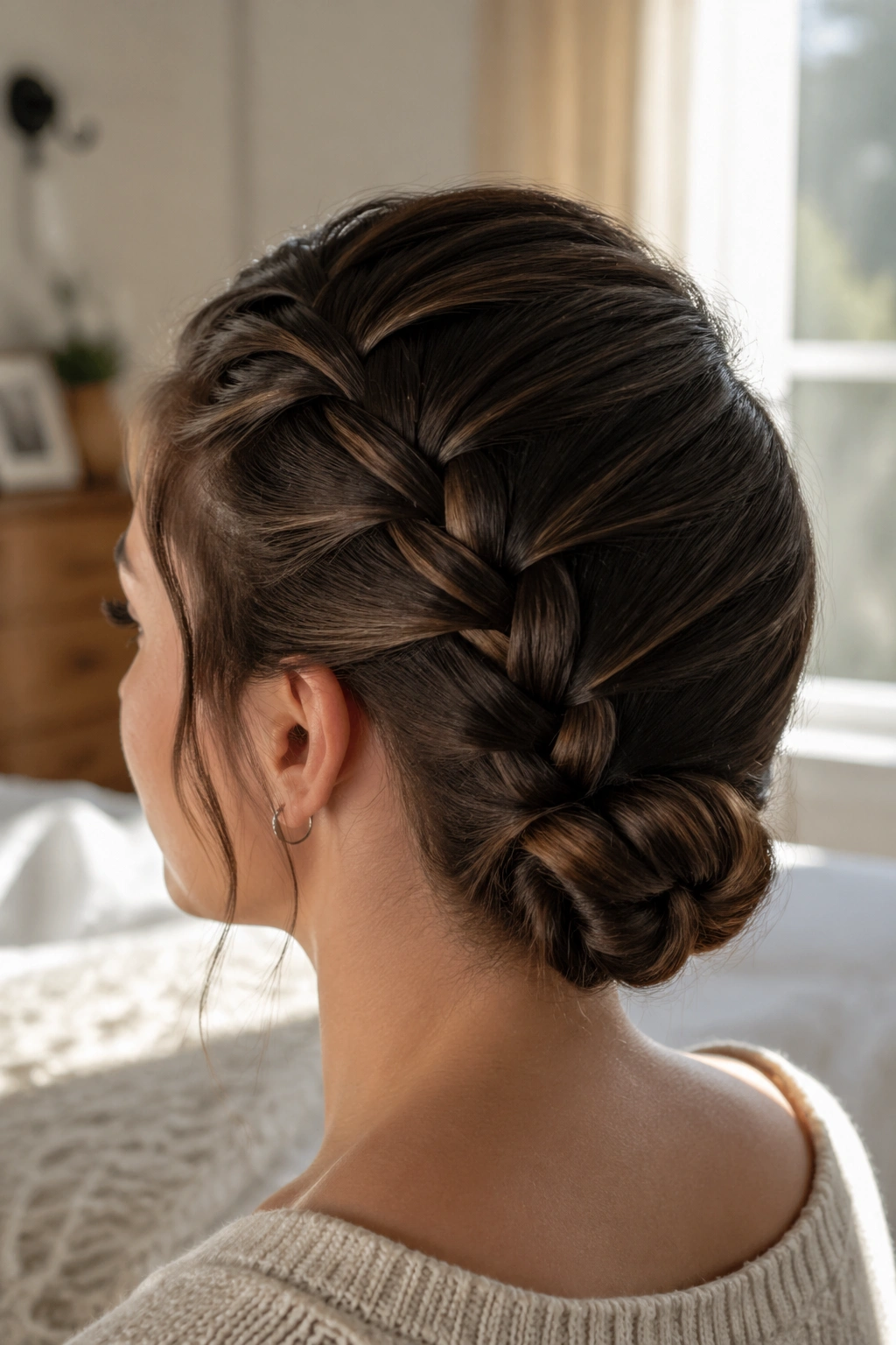 Profile view of a real person with a French braid fold-under bun