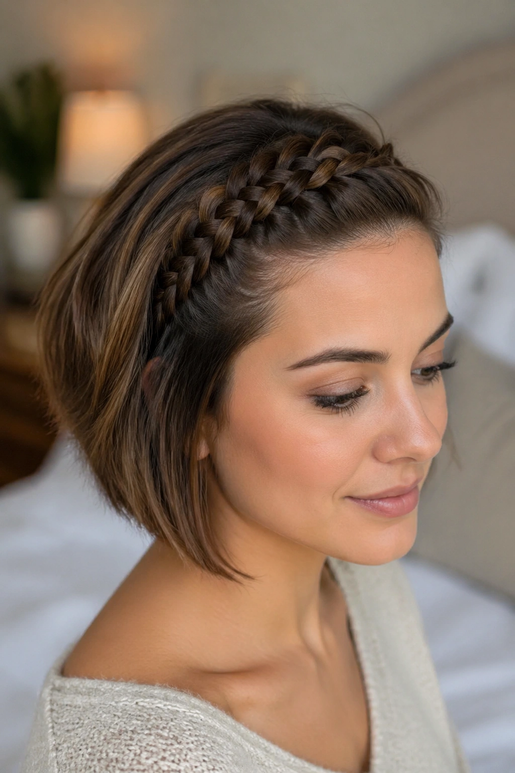 Close-up portrait of a real woman with a short bob and a French braid headband along the hairline