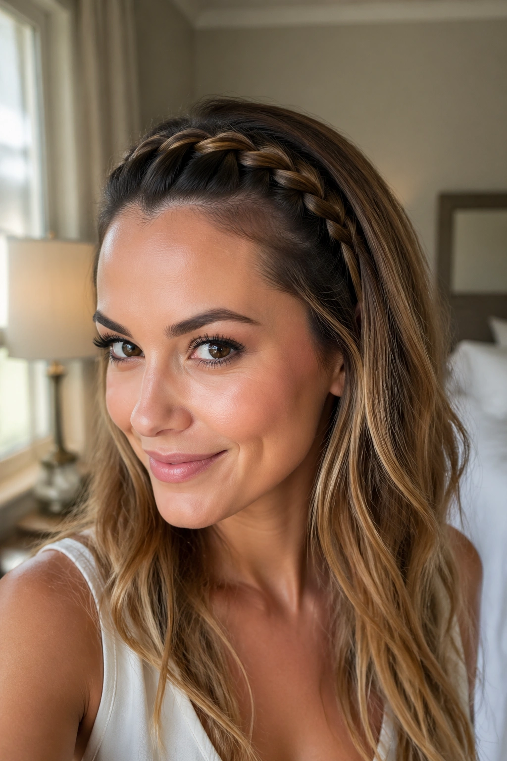 Close-up of a real woman wearing a narrow French braid headband along the hairline