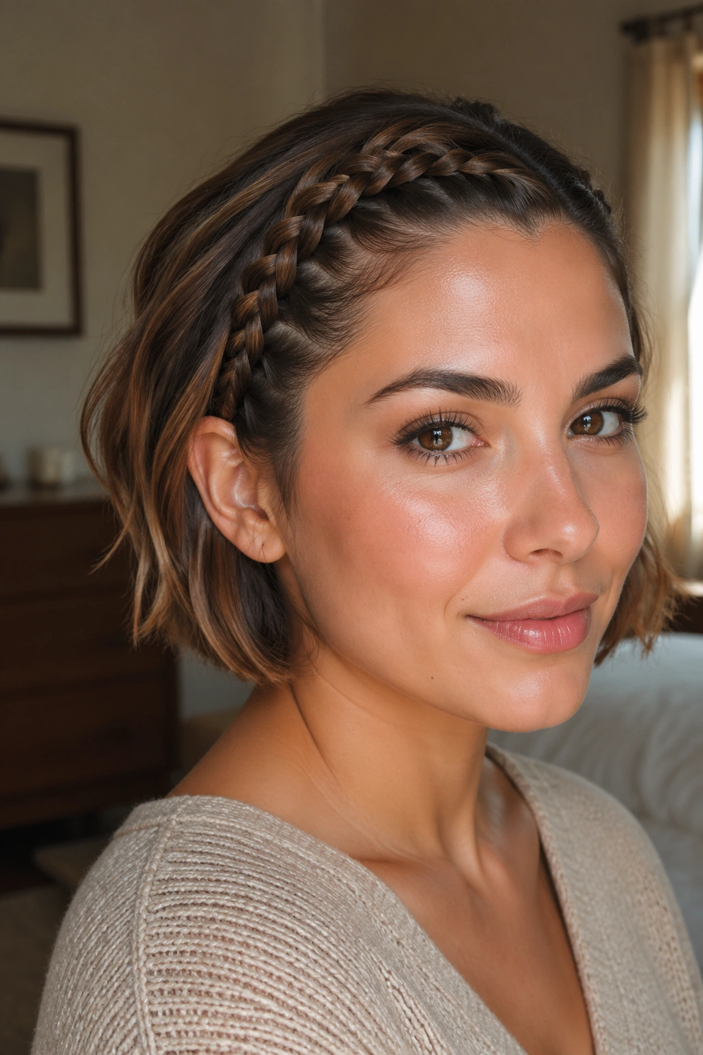 Close-up portrait of a real person with a French braid headband on a short bob.
