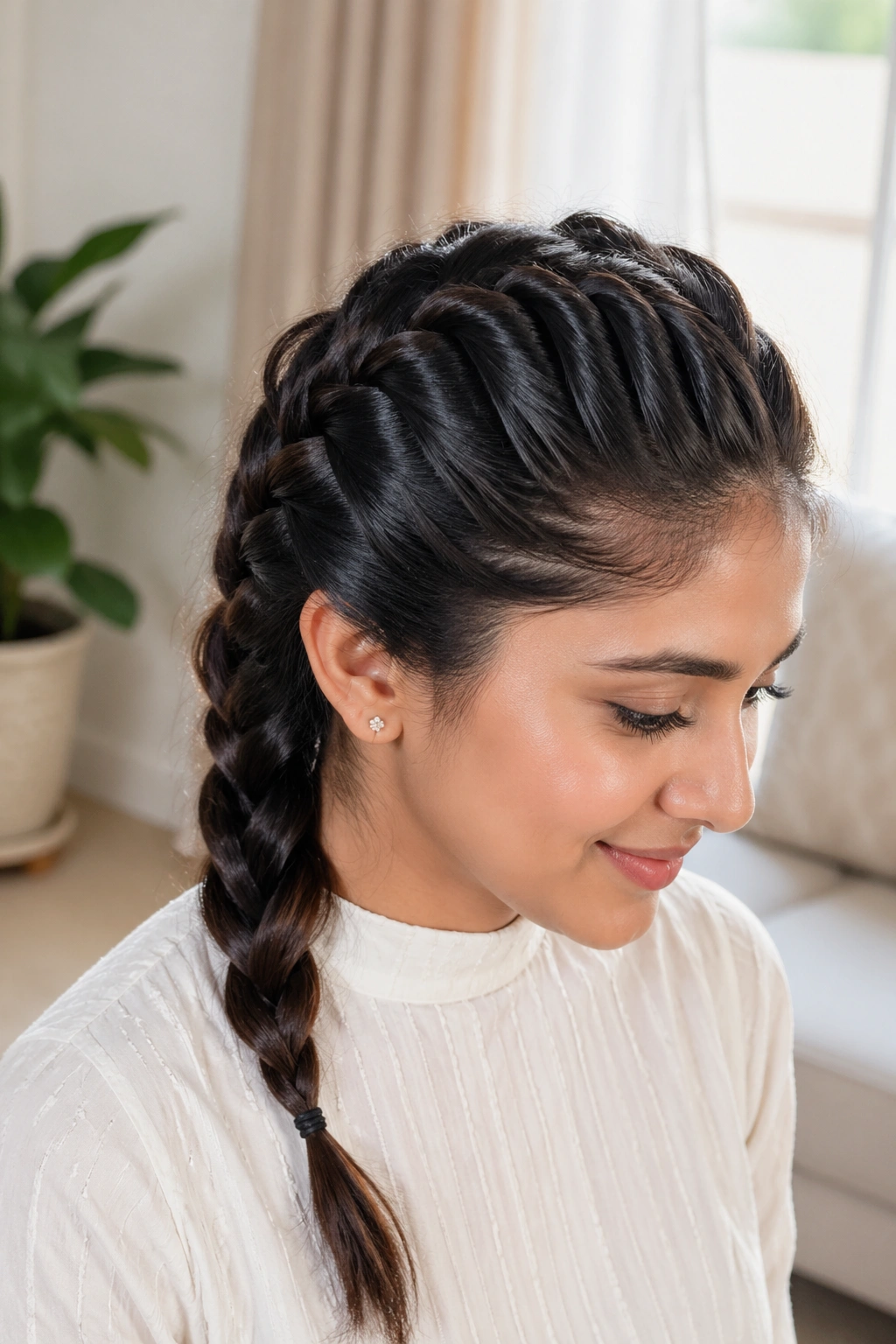 Close-up portrait of a real woman with a crown French braid.