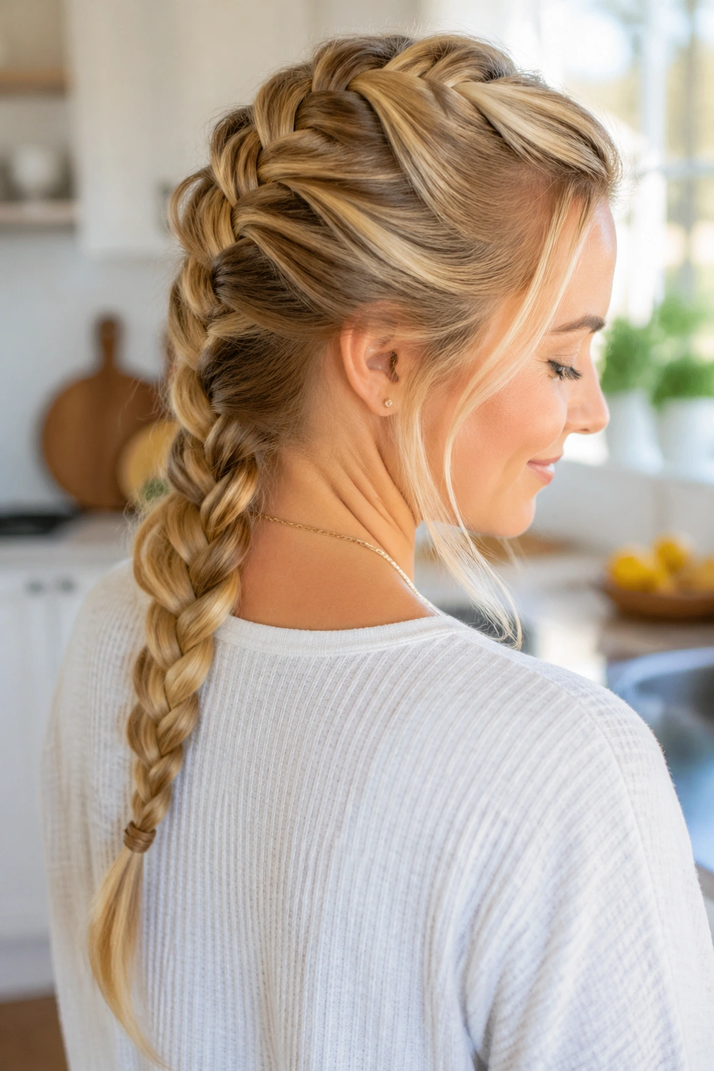 Close-up of a real woman with a French braid on long blonde hair