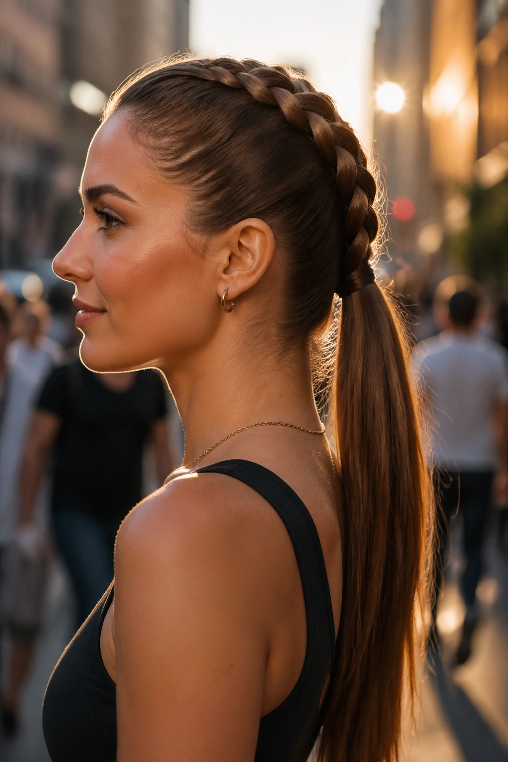 Side profile of a woman with a French braid into a long tail on a city street at golden hour