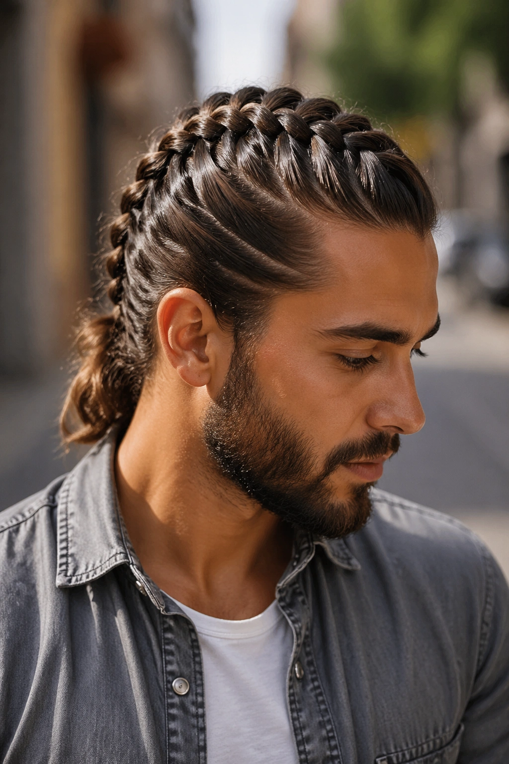 Close-up portrait of a man with a long French braid hugging the scalp