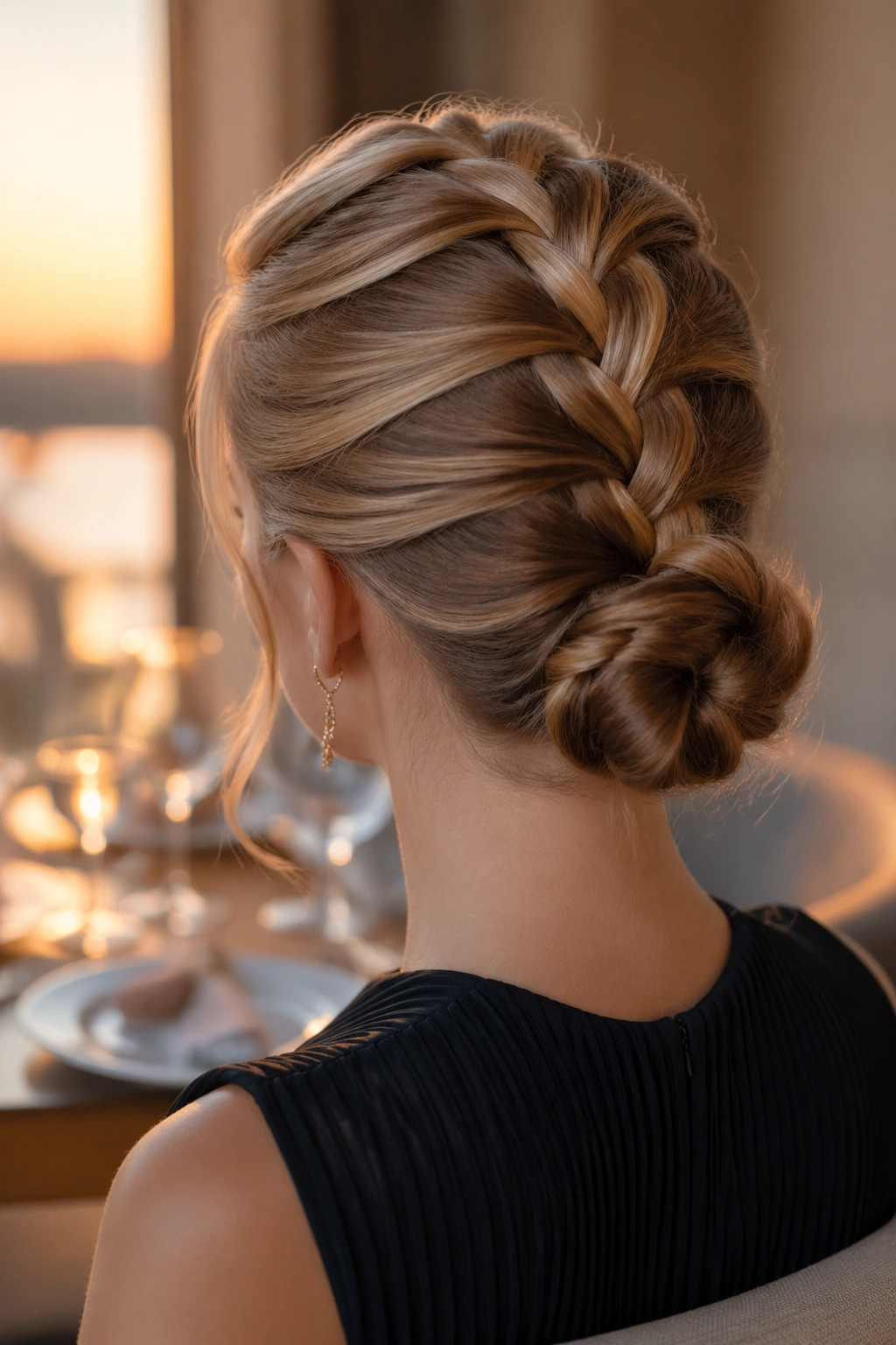 Real person with a French braid flowing into a low bun at the nape.
