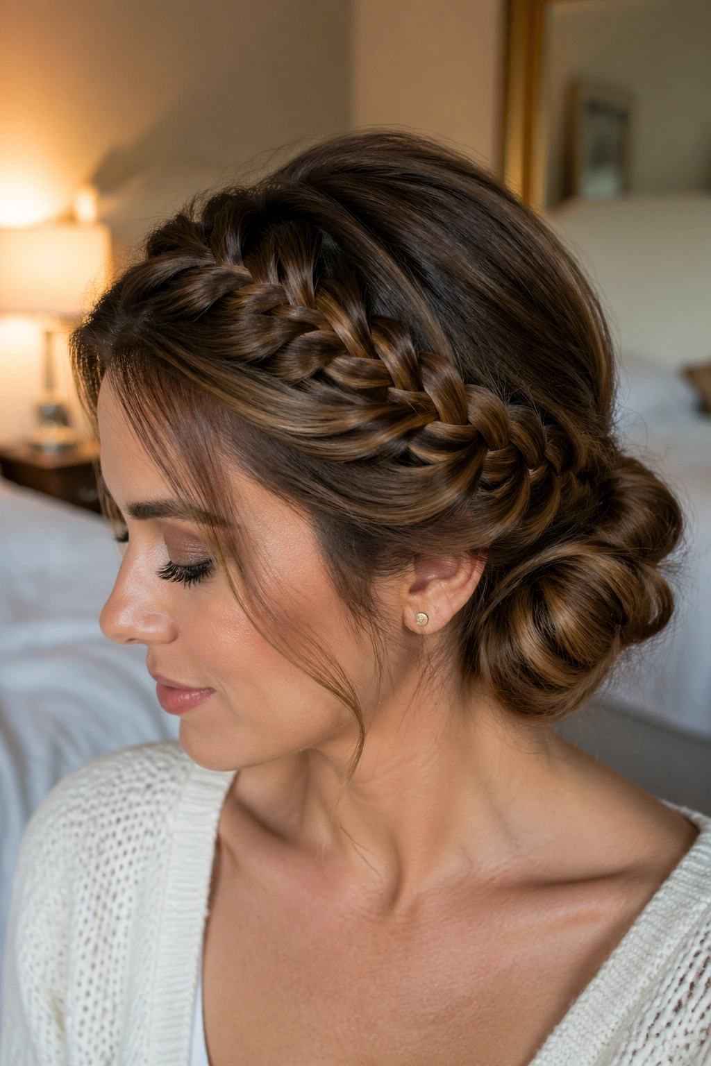 Close-up of a real woman showing a French braid forming a low chignon at the nape.