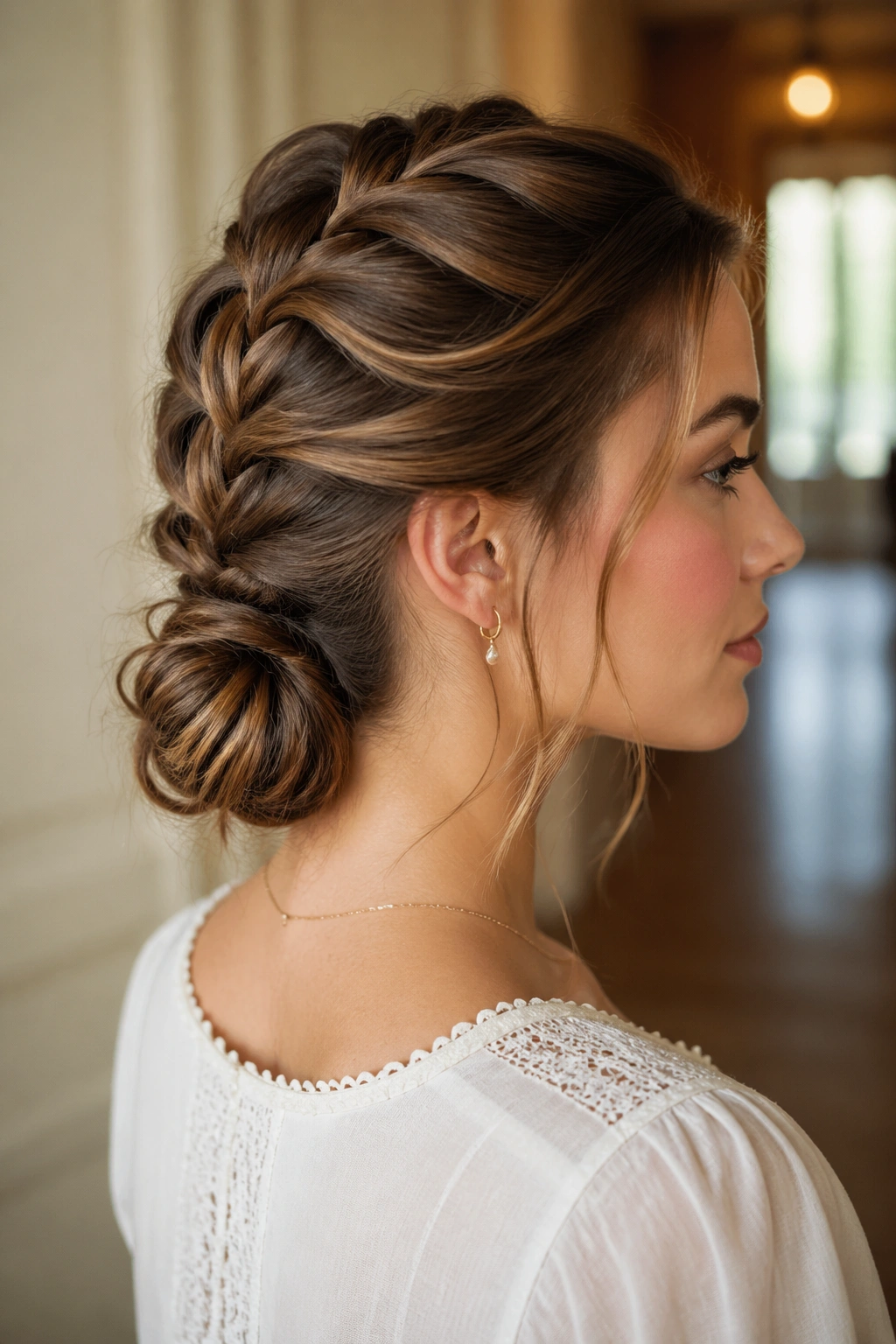 Close-up of a woman with a French braid ended in a low knot at the nape