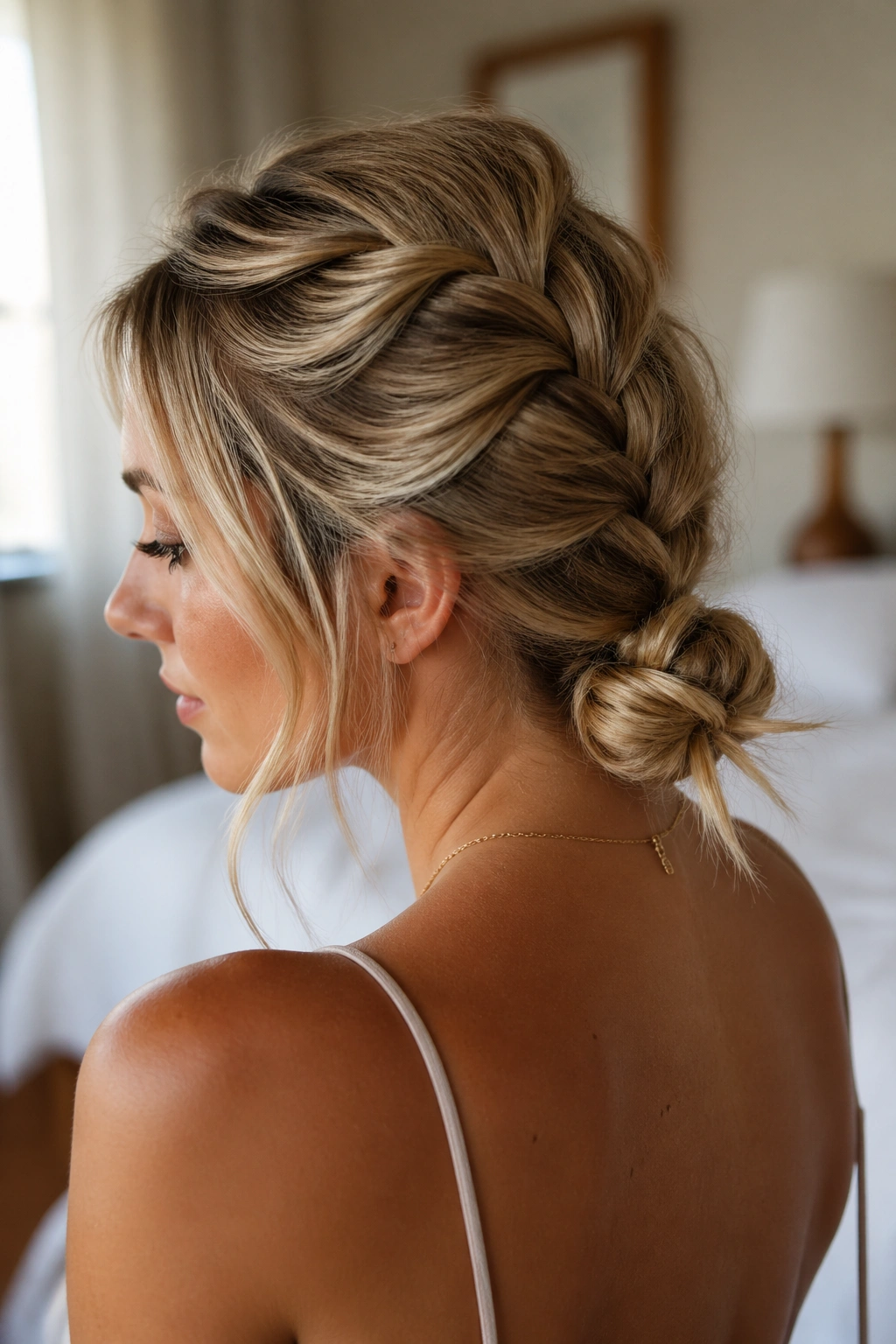 Close-up of a woman’s hair in a French braid that forms a low knot at the nape.