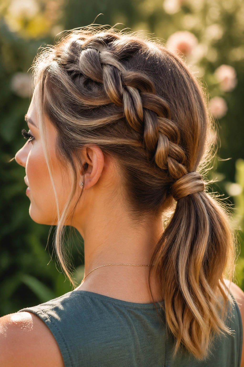 Close-up portrait of a real woman with a French braid leading to a low ponytail