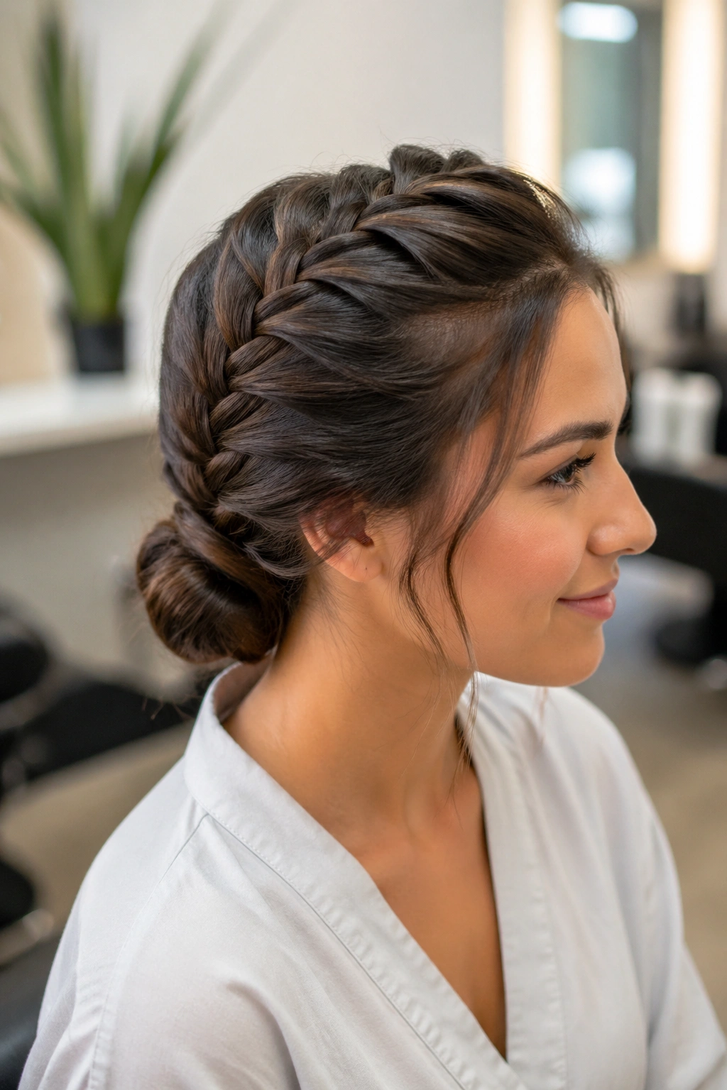Close-up of a real person with a French braid ending in a low twist at the nape in soft salon light