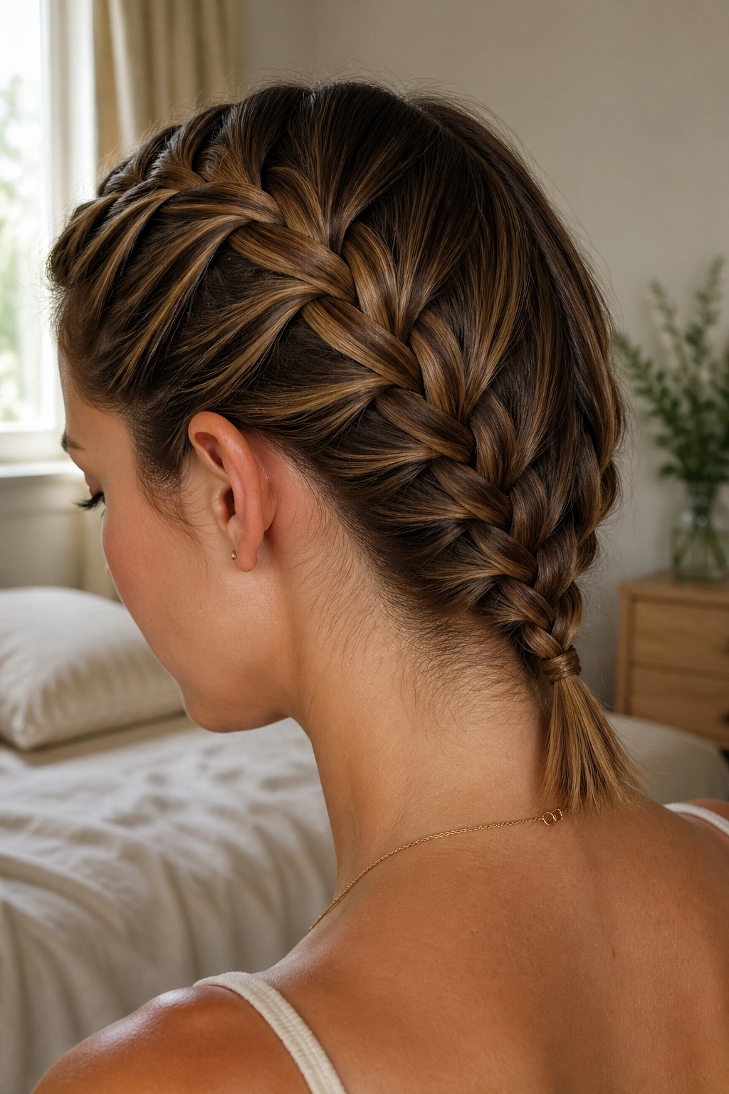 Close-up of a real woman's crown-to-nape French braid ending at the nape in soft daylight.