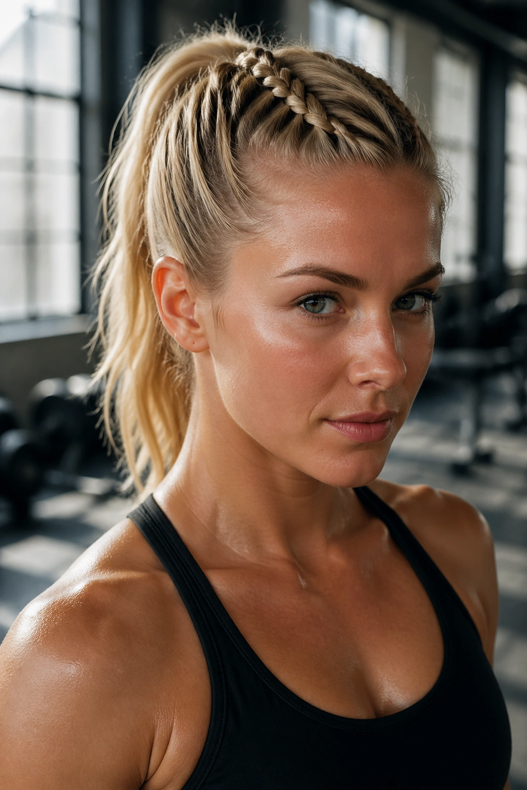 Close-up of a real woman with a tight French braid ponytail anchored at the crown in a sunlit gym